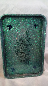 Green Glitter w/Flowers & Butterflies Rolling Tray